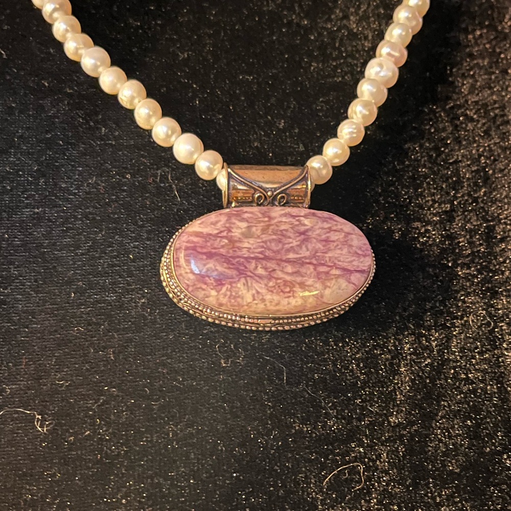 Charoite sterling silver pendant and fresh water pearl necklace.